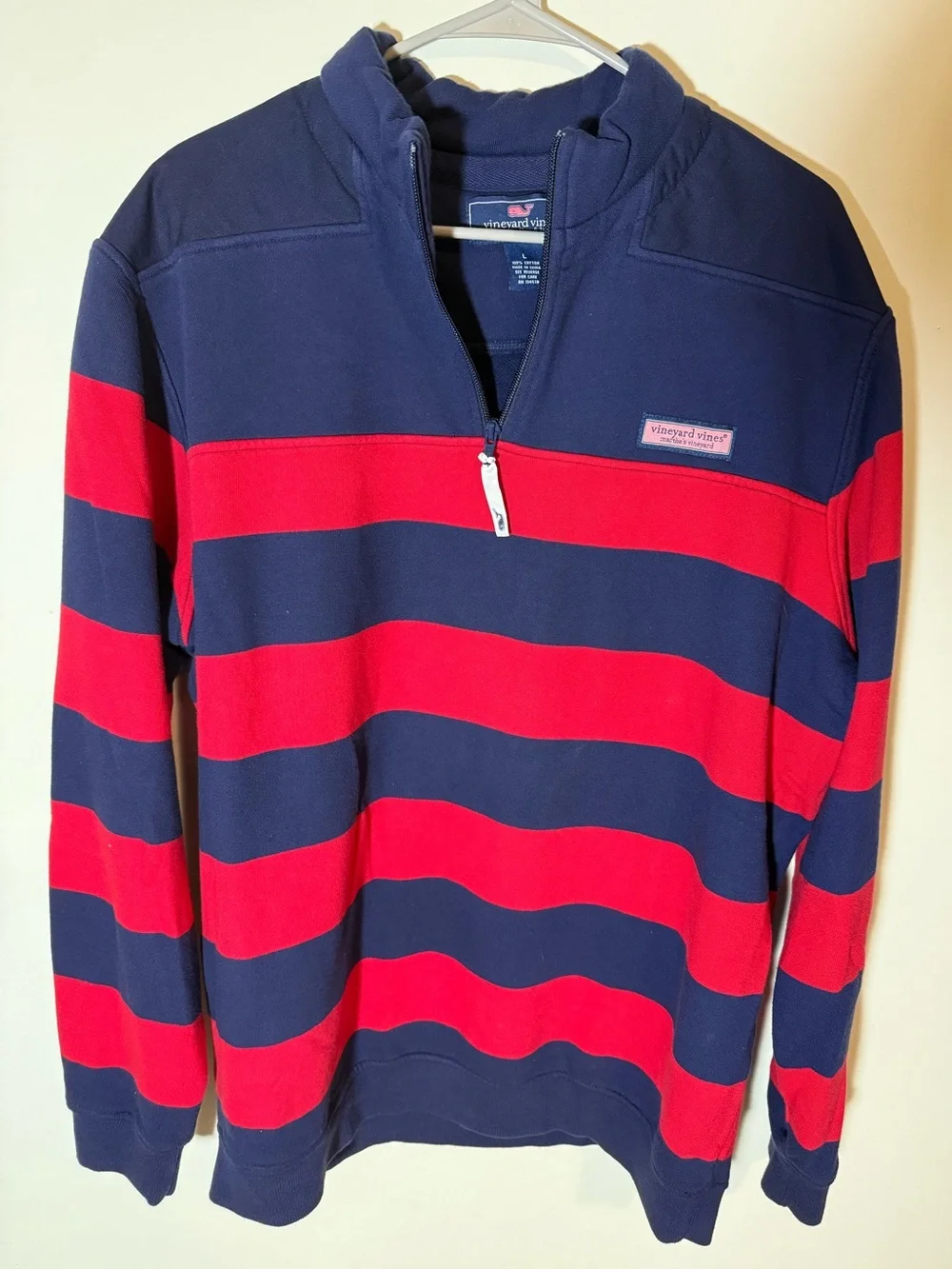 Vineyard Vines Men’s Navy and Red Striped Quarter-Zip Pullover